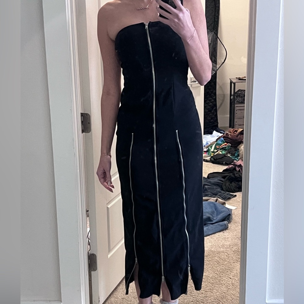Black Strapless Zip-Detail Midi Dress
